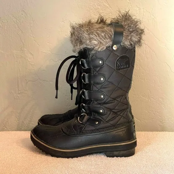 Sorel Boots 6 Tofino Black Gray Fur Lace Up Insulated Winter Snow Cold