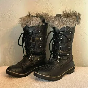 Sorel Boots 6 Tofino Black Gray Fur Lace Up Insulated Winter Snow Cold