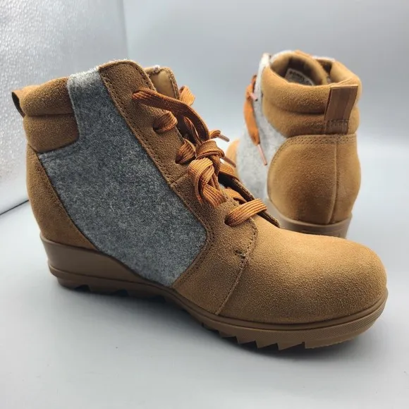 Sorel Evie ankle Boots tan Gray Suede Felt inner wedge lace up Sz 8 EU 39 new