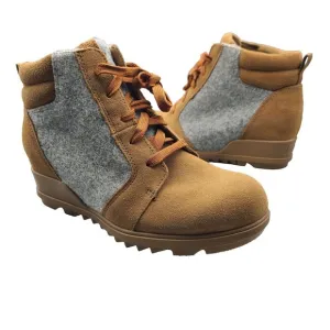 Sorel Evie ankle Boots tan Gray Suede Felt inner wedge lace up Sz 8 EU 39 new