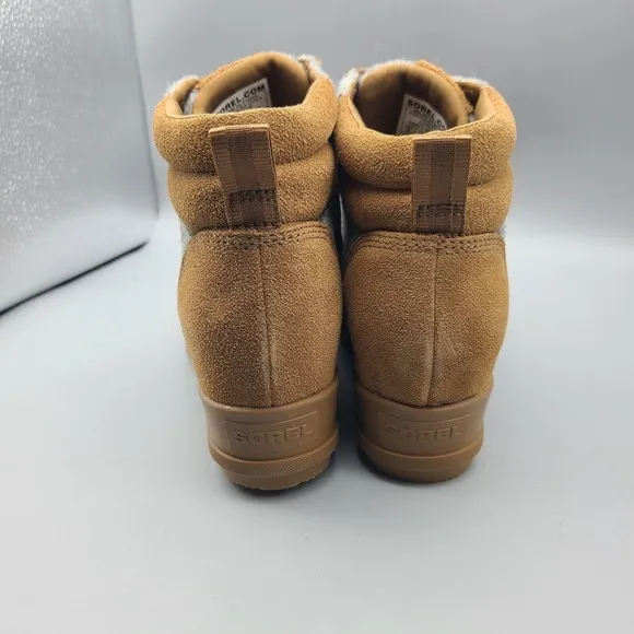 Sorel Evie ankle Boots tan Gray Suede Felt inner wedge lace up Sz 8 EU 39 new