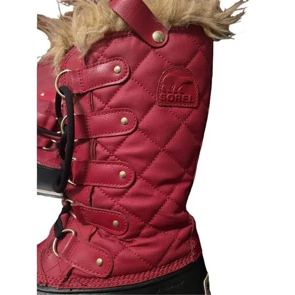 Sorel Joan of Arc Women Red Black Waterproof Faux Fur Snow Boots Winter Shoes 7