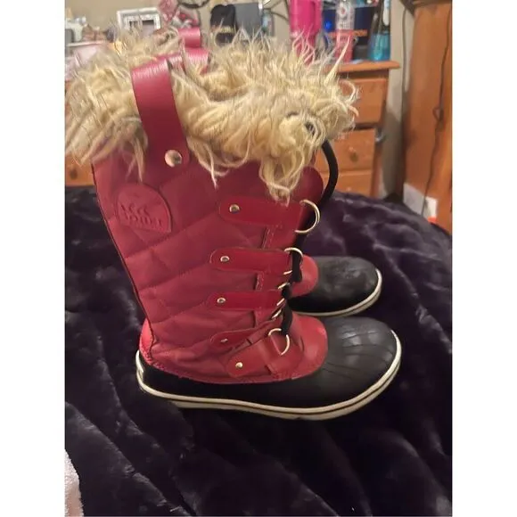 Sorel Joan of Arc Women Red Black Waterproof Faux Fur Snow Boots Winter Shoes 7