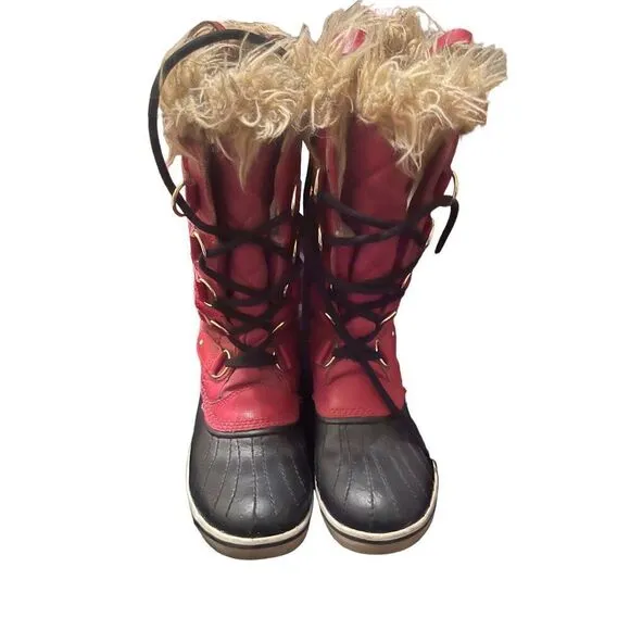 Sorel Joan of Arc Women Red Black Waterproof Faux Fur Snow Boots Winter Shoes 7