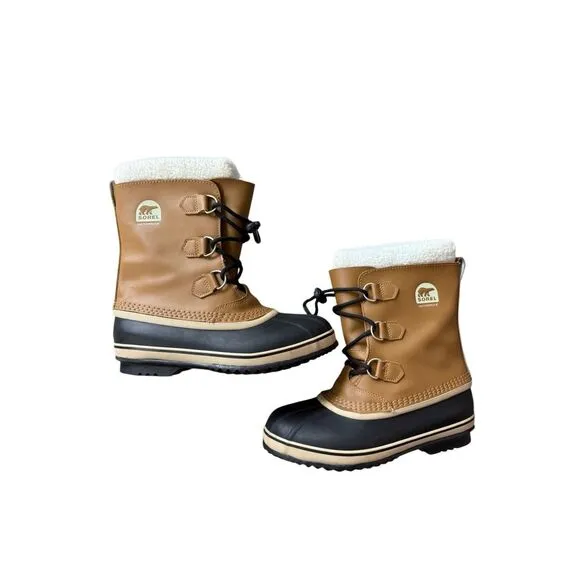 Sorel Mens Tan Black Leather Faux Fur Lined Waterproof Winter Boots Size M 7 W 9