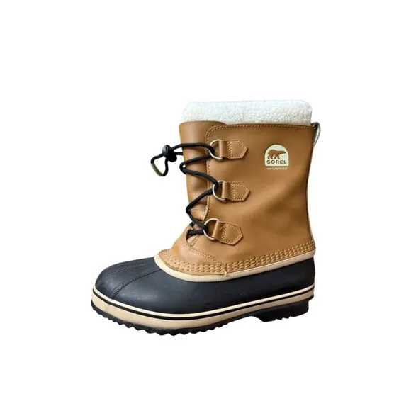 Sorel Mens Tan Black Leather Faux Fur Lined Waterproof Winter Boots Size M 7 W 9