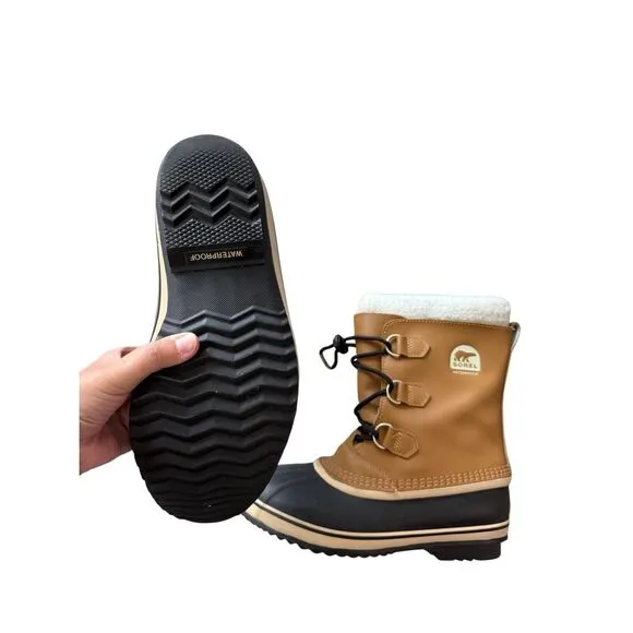 Sorel Mens Tan Black Leather Faux Fur Lined Waterproof Winter Boots Size M 7 W 9