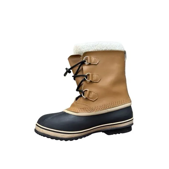Sorel Mens Tan Black Leather Faux Fur Lined Waterproof Winter Boots Size M 7 W 9