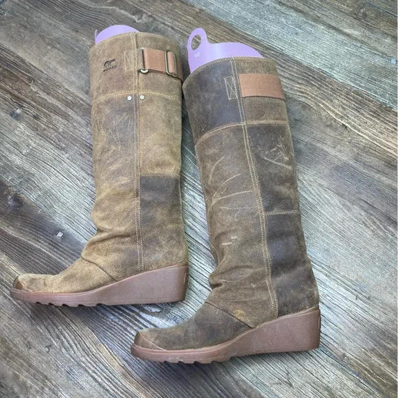 Sorel Womens Toronto Tall Knee High Tan Suede Leather Wedge Heel Boots Size 8.5