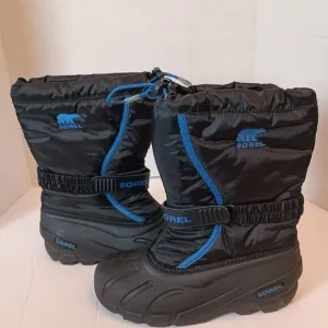 Sorel Youth Flurry Cold Weather/Snow Boots Black/Blue Trim Bungee Closure Kids 5