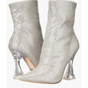 STEVE MADDEN Vivy Pointed Toe Flared Heel Ankle Booties in Rhinestone Size 6.5M