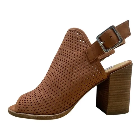 Steve Madden Women’s Brown Perforated Leather Neptune Block Heel Sandals Sz 8.5