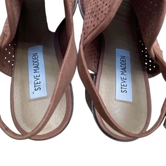 Steve Madden Women’s Brown Perforated Leather Neptune Block Heel Sandals Sz 8.5