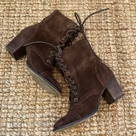 Steve Madden Womens Gretell Brown Suede Lace-Up Heeled Boots Size 8.5 Side Zip