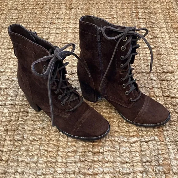 Steve Madden Womens Gretell Brown Suede Lace-Up Heeled Boots Size 8.5 Side Zip