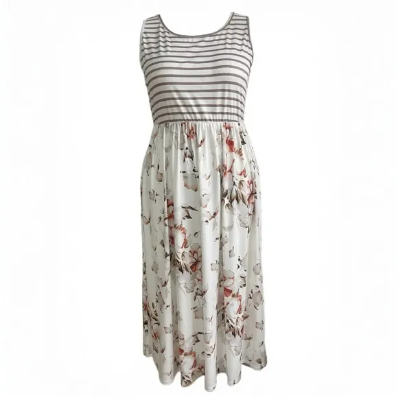 Striped Floral Round Neck Sleeveless Maxi Dress XXL