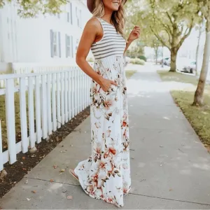 Striped Floral Round Neck Sleeveless Maxi Dress XXL