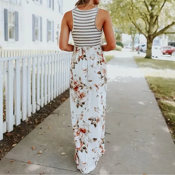 Striped Floral Round Neck Sleeveless Maxi Dress XXL