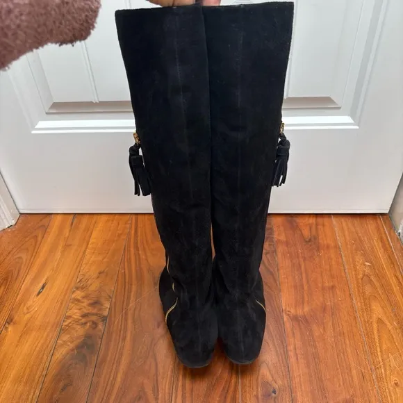 Stuart Weitzman Black Suede Hidden Wedge Tassel Boots Black 10