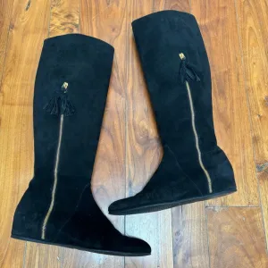 Stuart Weitzman Black Suede Hidden Wedge Tassel Boots Black 10