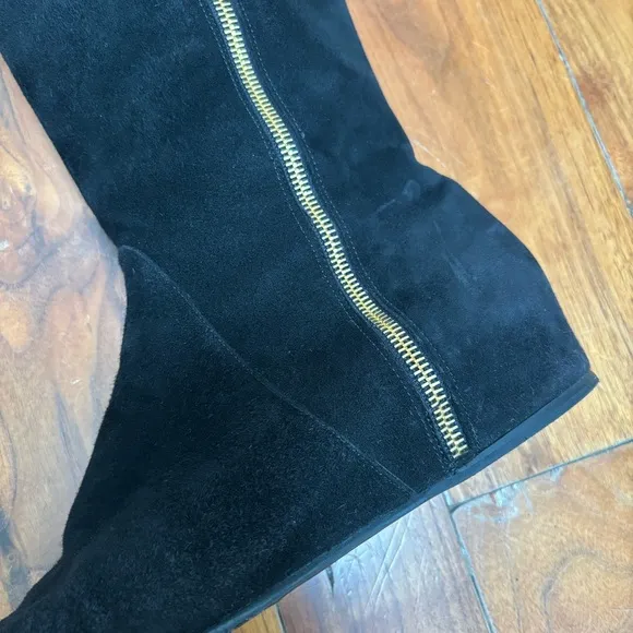 Stuart Weitzman Black Suede Hidden Wedge Tassel Boots Black 10