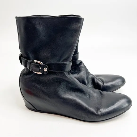 Stuart Weitzman Gather Black Hidden Wedge Napa Leather Boots, Size 10