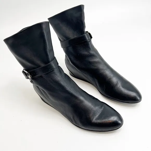 Stuart Weitzman Gather Black Hidden Wedge Napa Leather Boots, Size 10