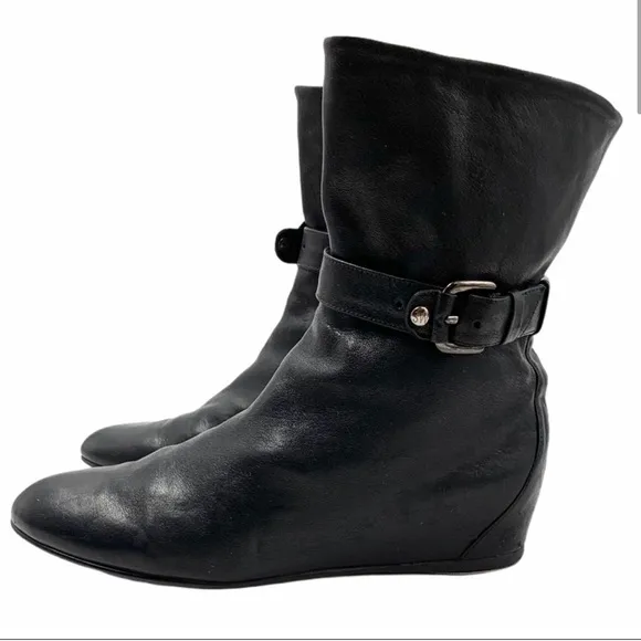 Stuart Weitzman Gather Black Hidden Wedge Napa Leather Boots, Size 10