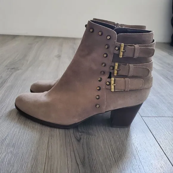 Stuart Weitzman Heeled Ankle Boots Studded Buckles Size 11 Brown Suede Leather