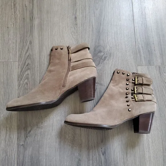 Stuart Weitzman Heeled Ankle Boots Studded Buckles Size 11 Brown Suede Leather