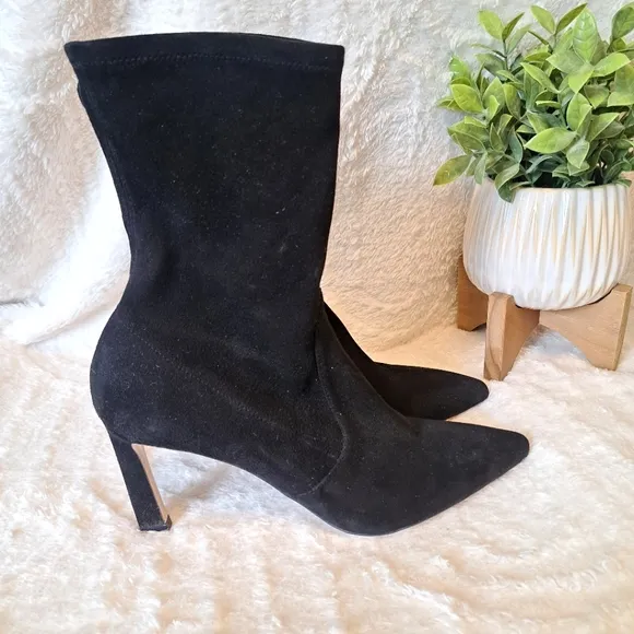 Stuart Weitzman Rapture 75 Black Suede Stretch Heel Boots Mid Calf $595 Sz 9