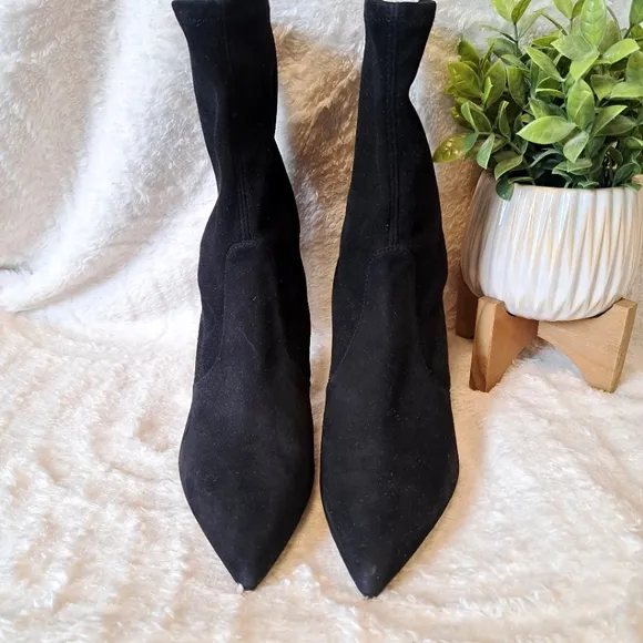 Stuart Weitzman Rapture 75 Black Suede Stretch Heel Boots Mid Calf $595 Sz 9
