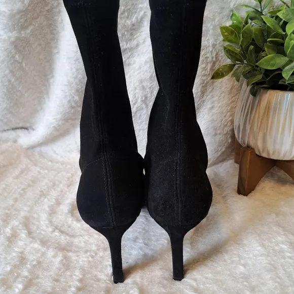 Stuart Weitzman Rapture 75 Black Suede Stretch Heel Boots Mid Calf $595 Sz 9