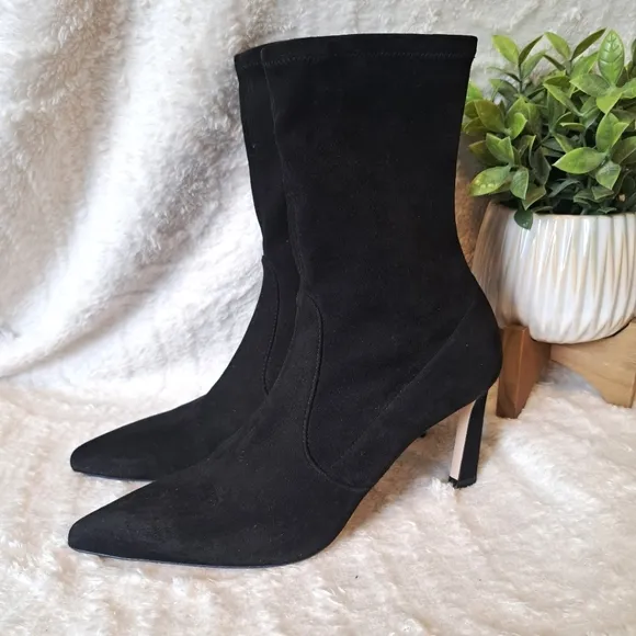 Stuart Weitzman Rapture 75 Black Suede Stretch Heel Boots Mid Calf $595 Sz 9