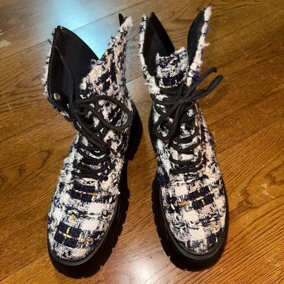 Stylish tweed lace up zipper combat boots