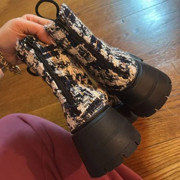 Stylish tweed lace up zipper combat boots