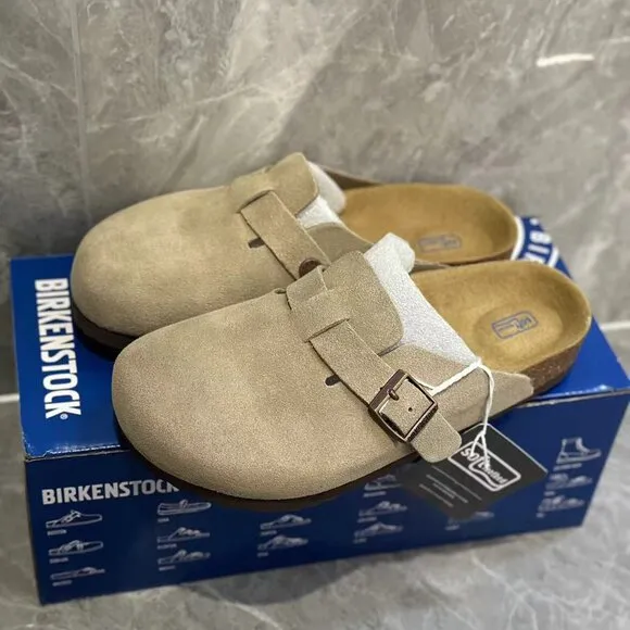 Suede Leather Birkenstock Boston in Taupe - Unisex Fashion Shoes