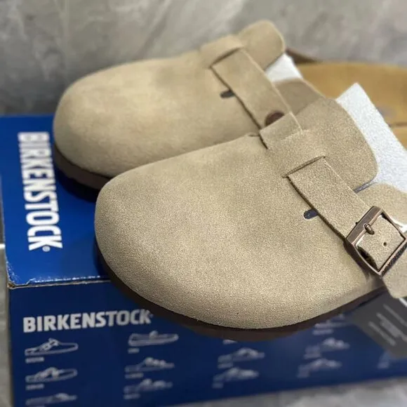 Suede Leather Birkenstock Boston in Taupe - Unisex Fashion Shoes