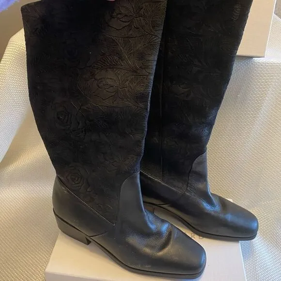 Suela square toe embossed suede leather knee high boots size 8.5 made Brazil