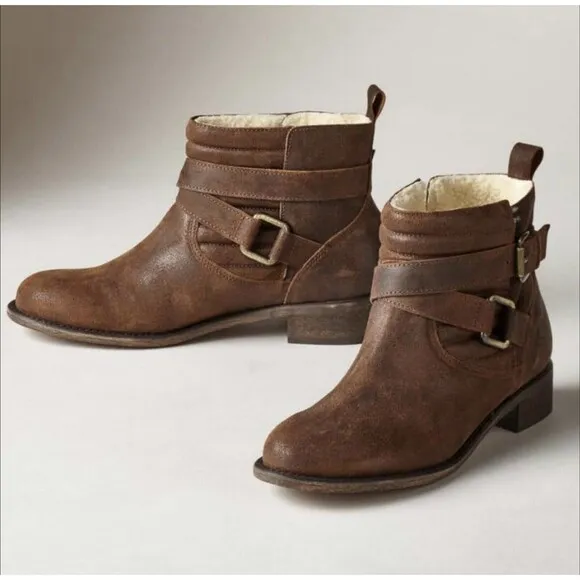 Sundance Sz 38 US 7.5 8 Molly Pitcher Leather Sherpa Lined Booties Boots Buckle