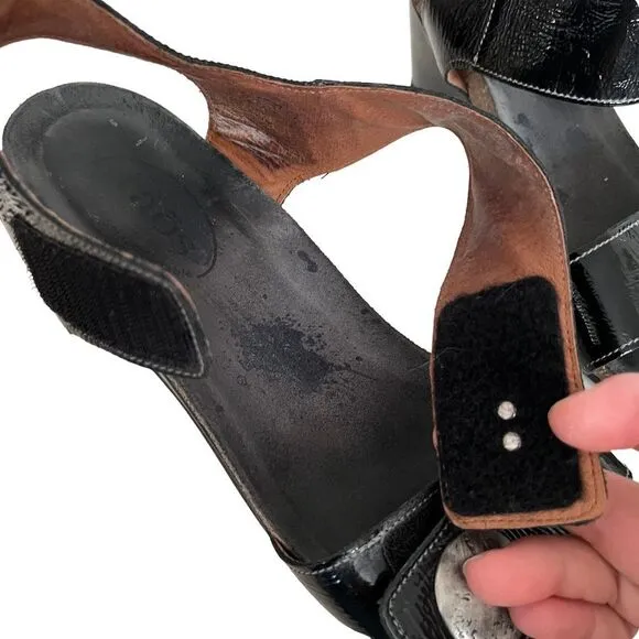 TAOS Black Leather Wedge Sandals Shiny Two Adjustable Straps Size 40 EU US 9-9.5