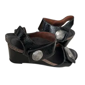 TAOS Black Leather Wedge Sandals Shiny Two Adjustable Straps Size 40 EU US 9-9.5