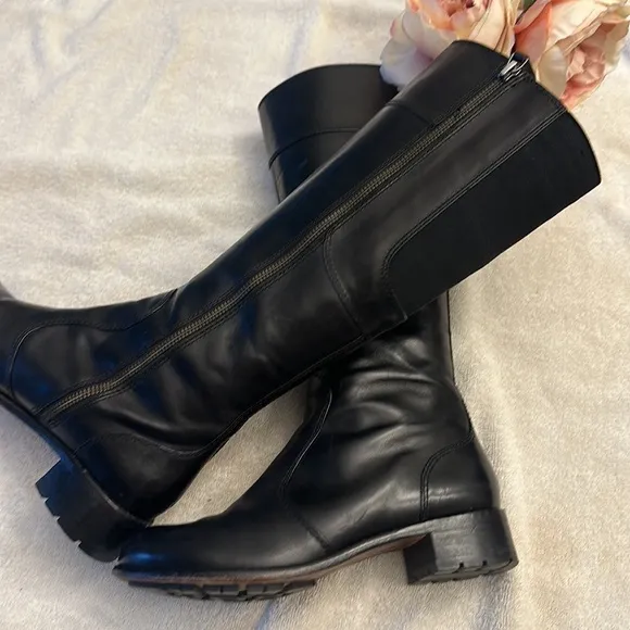 Taryn Rose Black leather luxury riding calf heel boots women size 6.5