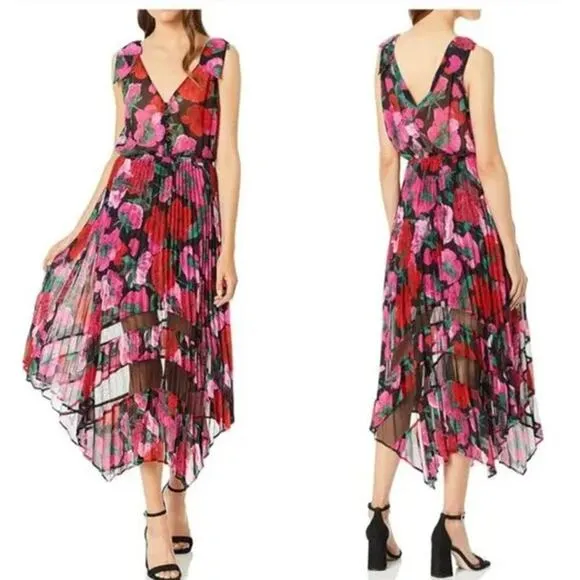 The Kooples Dolce Vita Dress Floral Print Pleated Sleeveless Midi Black Pink 2