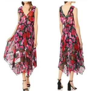 The Kooples Dolce Vita Dress Floral Print Pleated Sleeveless Midi Black Pink 2