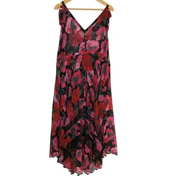 The Kooples Dolce Vita Dress Floral Print Pleated Sleeveless Midi Black Pink 2