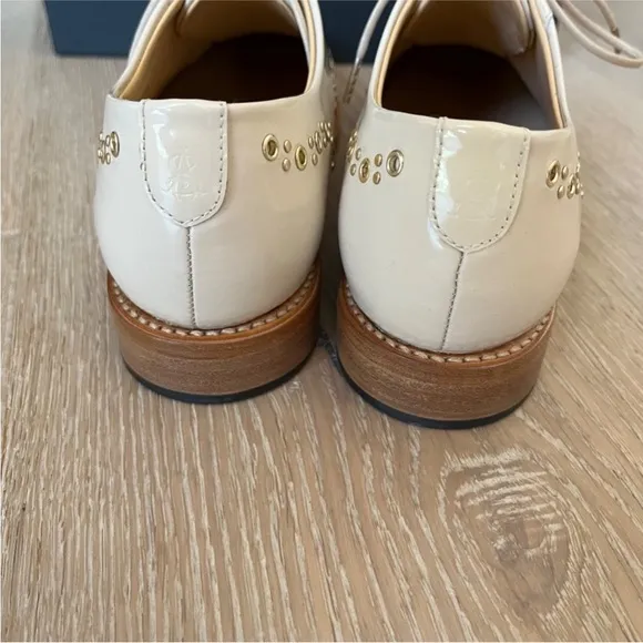 The Office of Angela Scott Wingtip LaceUp Oxford Beige Patent Leather Women Shoe