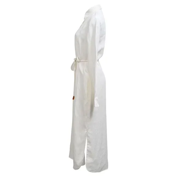 Theory Belted Maxi Shirt Dress in White Linen