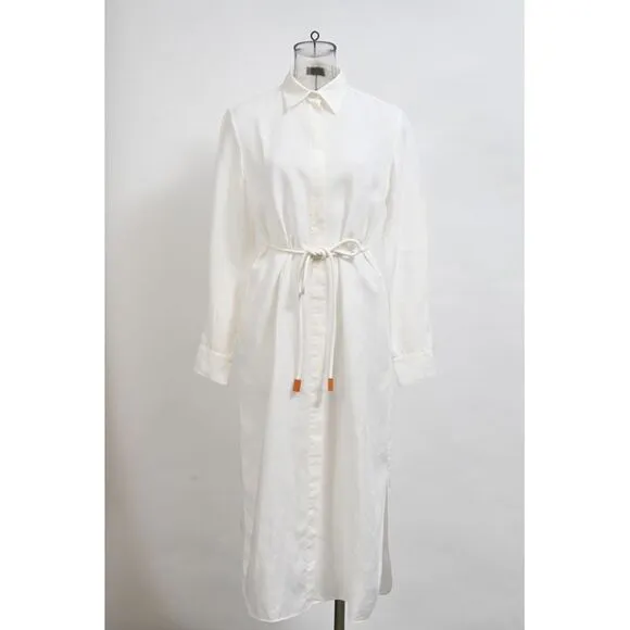 Theory Belted Maxi Shirt Dress in White Linen