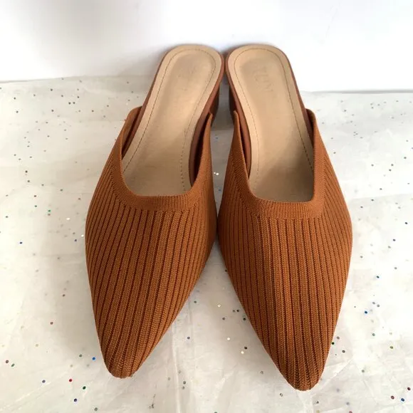 Tijn Helka Brown Orange Ribbed Pointed Toe Block Heel Mules - Size 10 Knit Poly